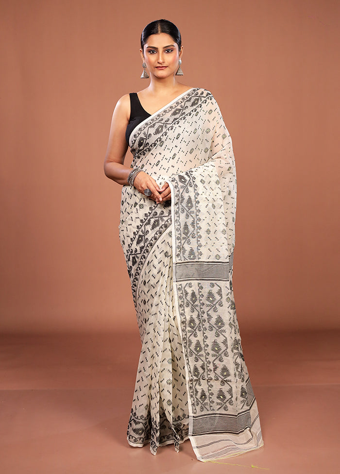 Cream Jamdani Cotton Saree Without Blouse Piece