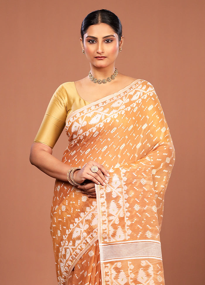 Maroon Jamdani Cotton Saree Without Blouse Piece