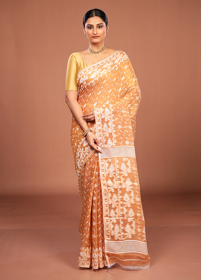 Maroon Jamdani Cotton Saree Without Blouse Piece