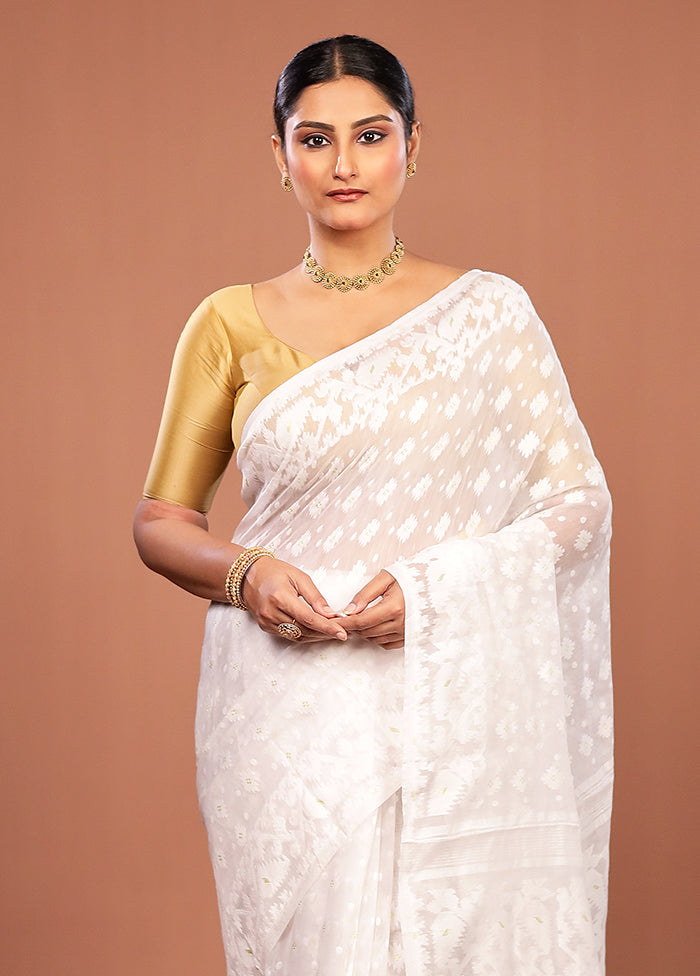 White Jamdani Cotton Saree Without Blouse Piece