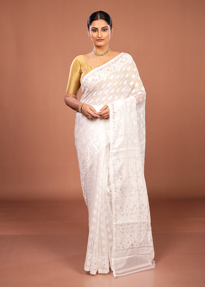 White Jamdani Cotton Saree Without Blouse Piece