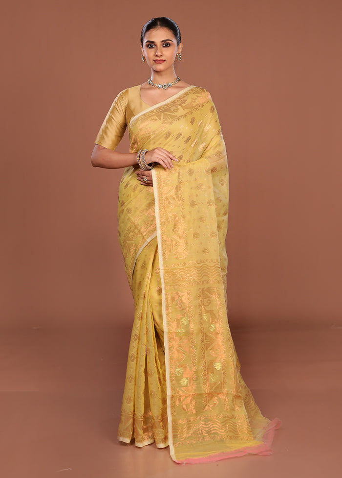 Yellow Jamdani Cotton Saree Without Blouse Piece