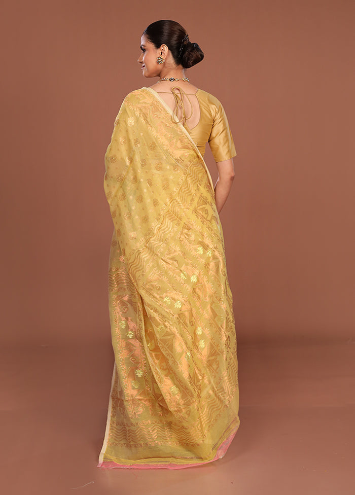 Yellow Jamdani Cotton Saree Without Blouse Piece