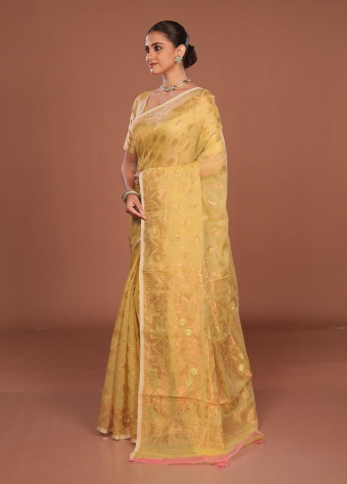 Yellow Jamdani Cotton Saree Without Blouse Piece