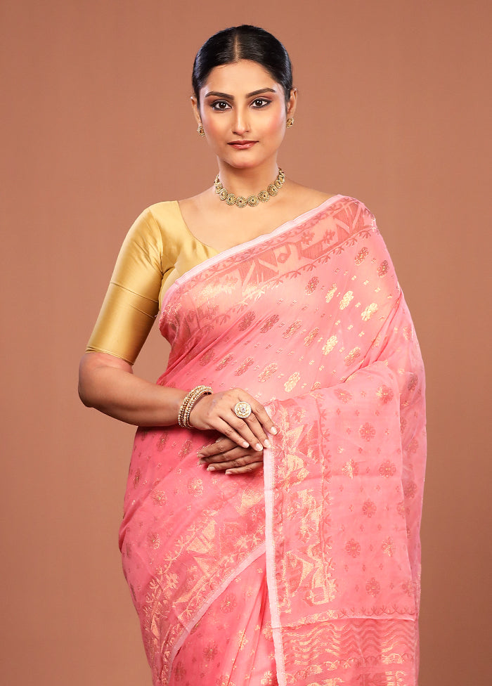 Pink Jamdani Cotton Saree Without Blouse Piece