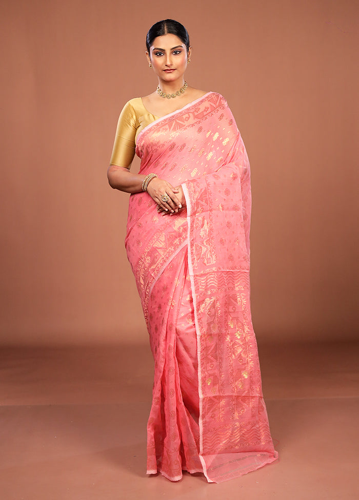 Pink Jamdani Cotton Saree Without Blouse Piece