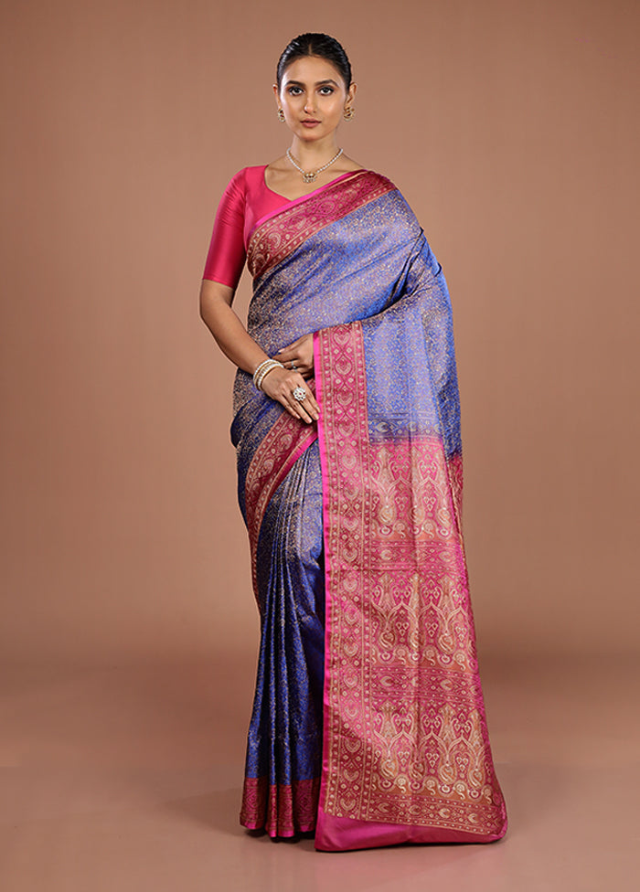 Blue Handloom Jamewar Pure Silk Saree With Blouse Piece