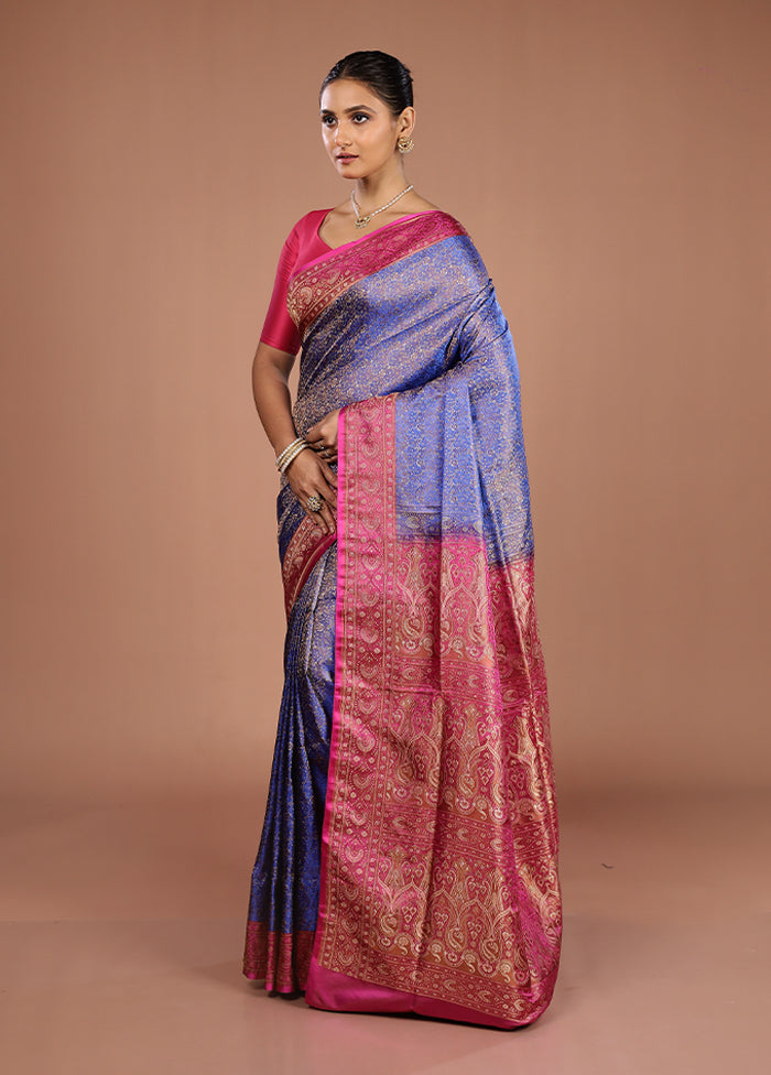 Blue Handloom Jamewar Pure Silk Saree With Blouse Piece