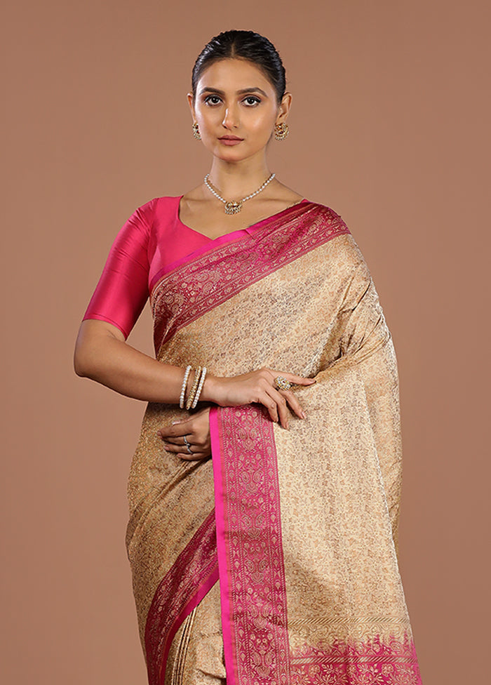 Cream Handloom Jamewar Pure Silk Saree With Blouse Piece