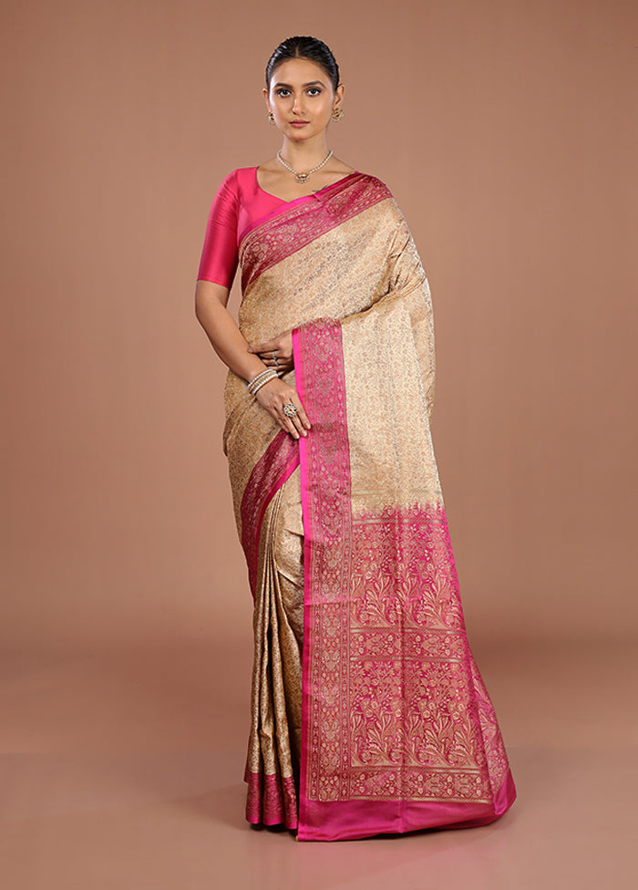 Cream Handloom Jamewar Pure Silk Saree With Blouse Piece