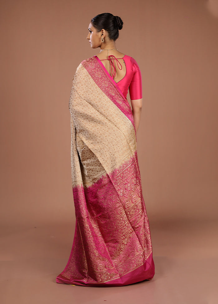Cream Handloom Jamewar Pure Silk Saree With Blouse Piece
