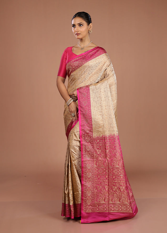 Cream Handloom Jamewar Pure Silk Saree With Blouse Piece