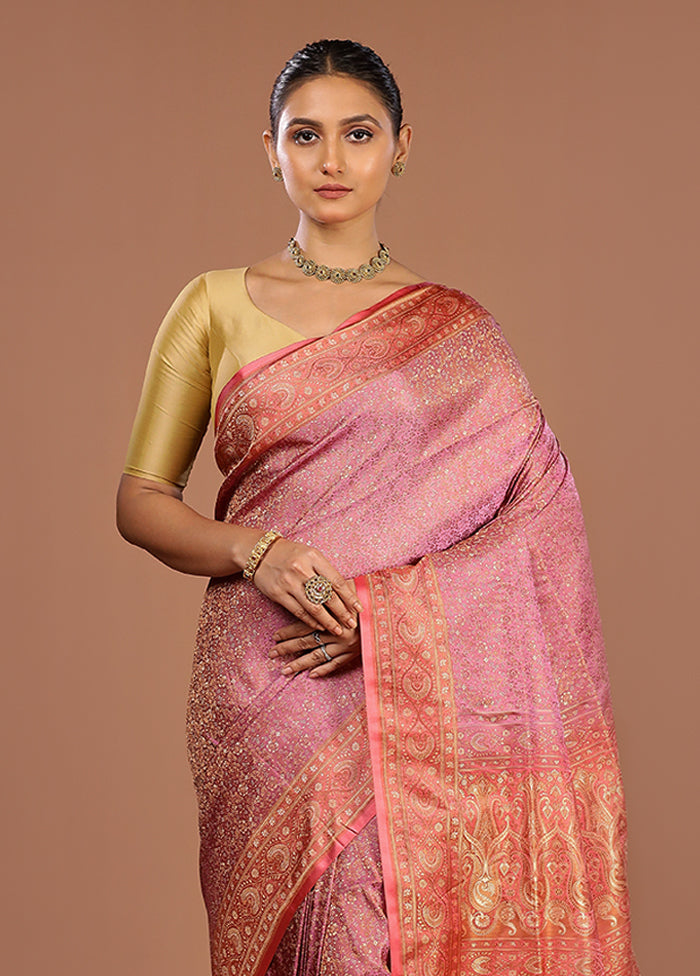 Pink Handloom Jamewar Pure Silk Saree With Blouse Piece