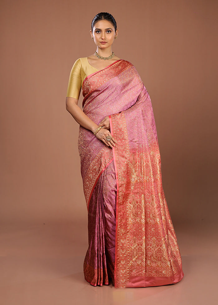 Pink Handloom Jamewar Pure Silk Saree With Blouse Piece