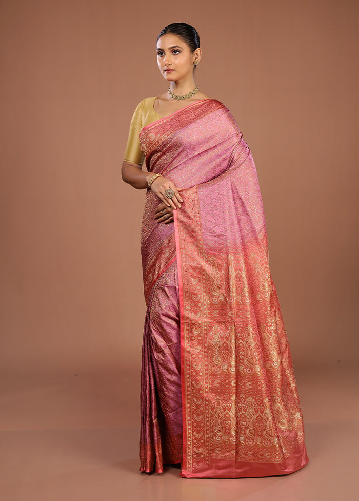 Pink Handloom Jamewar Pure Silk Saree With Blouse Piece