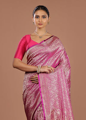 Pink Handloom Jamewar Pure Silk Saree With Blouse Piece