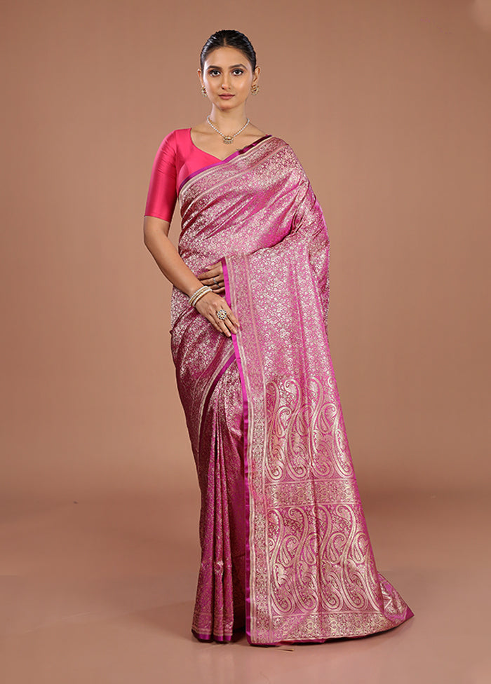 Pink Handloom Jamewar Pure Silk Saree With Blouse Piece