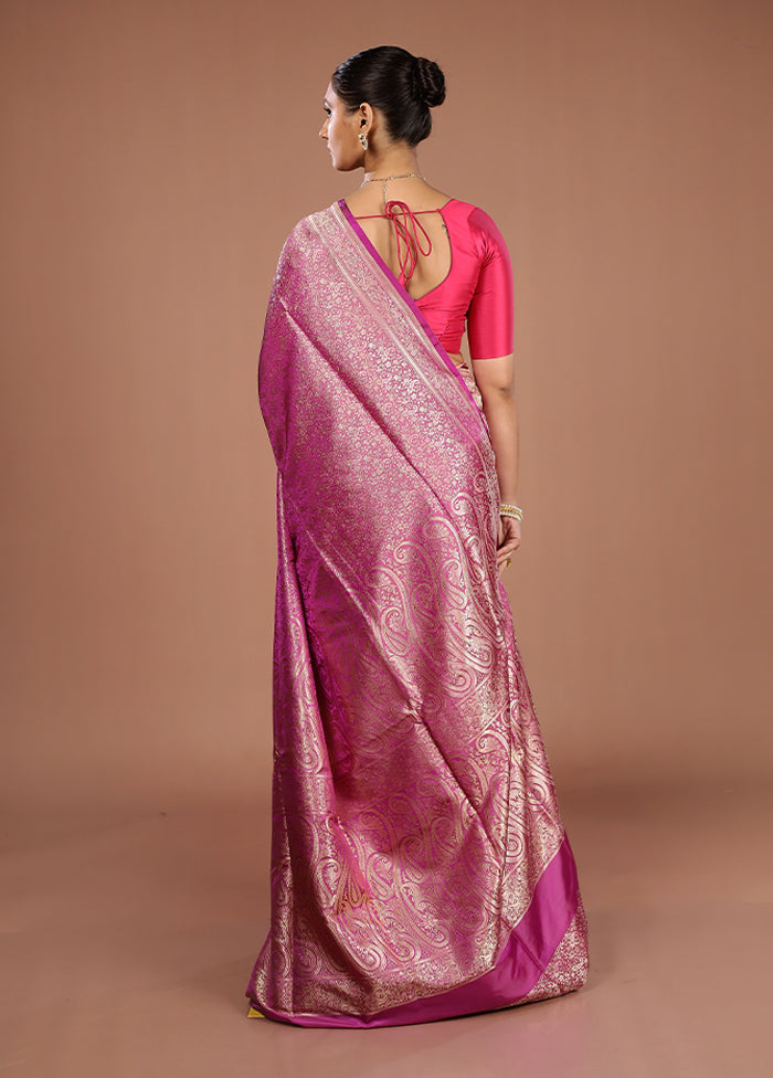 Pink Handloom Jamewar Pure Silk Saree With Blouse Piece