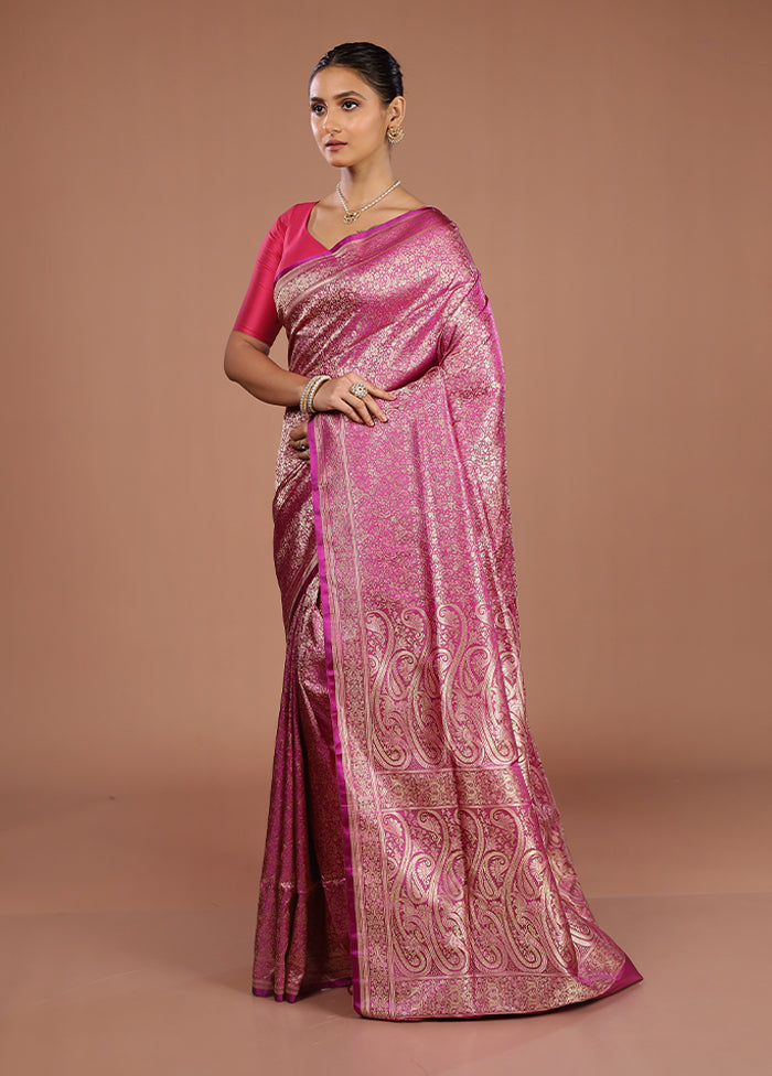 Pink Handloom Jamewar Pure Silk Saree With Blouse Piece