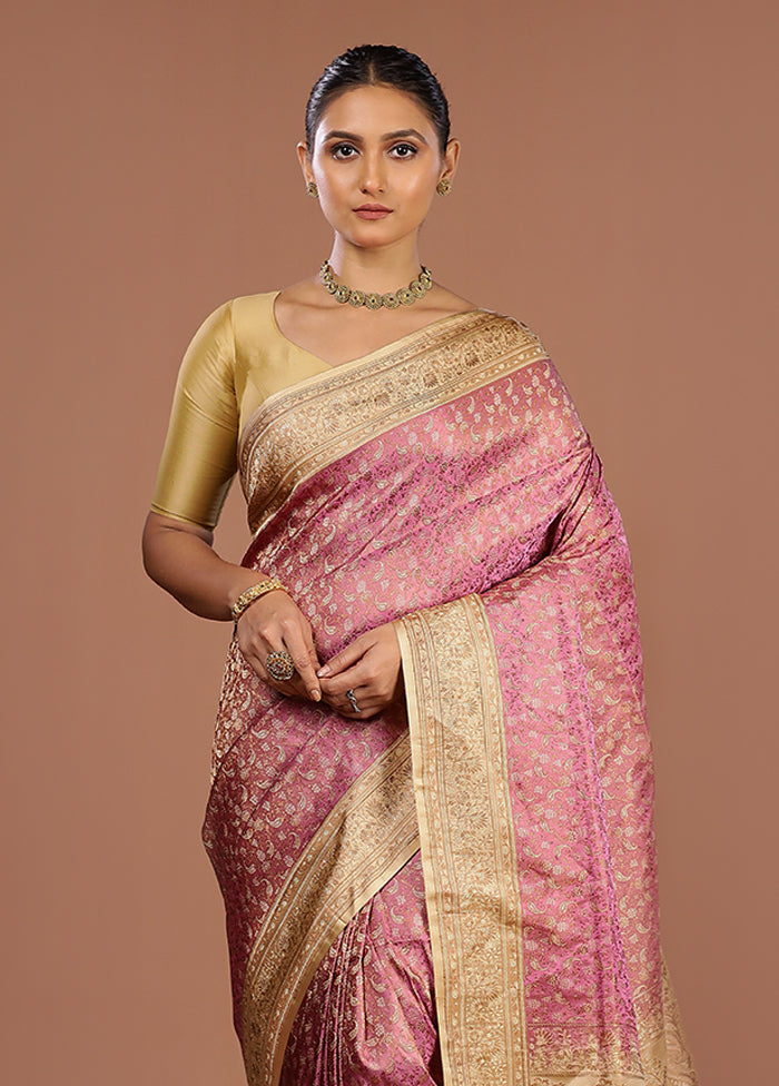 Pink Handloom Jamewar Pure Silk Saree With Blouse Piece