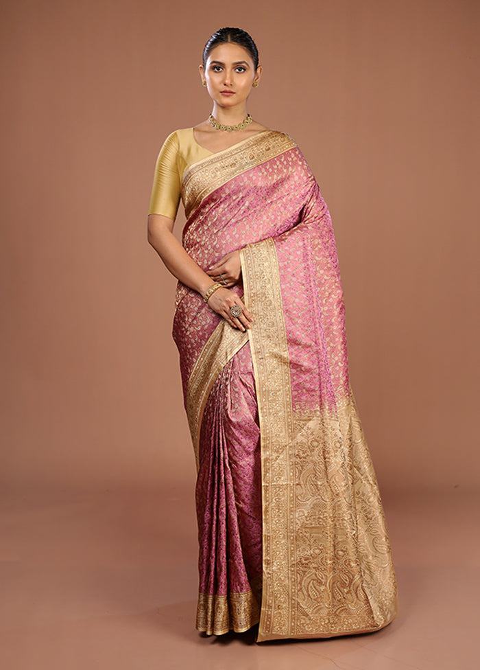 Pink Handloom Jamewar Pure Silk Saree With Blouse Piece
