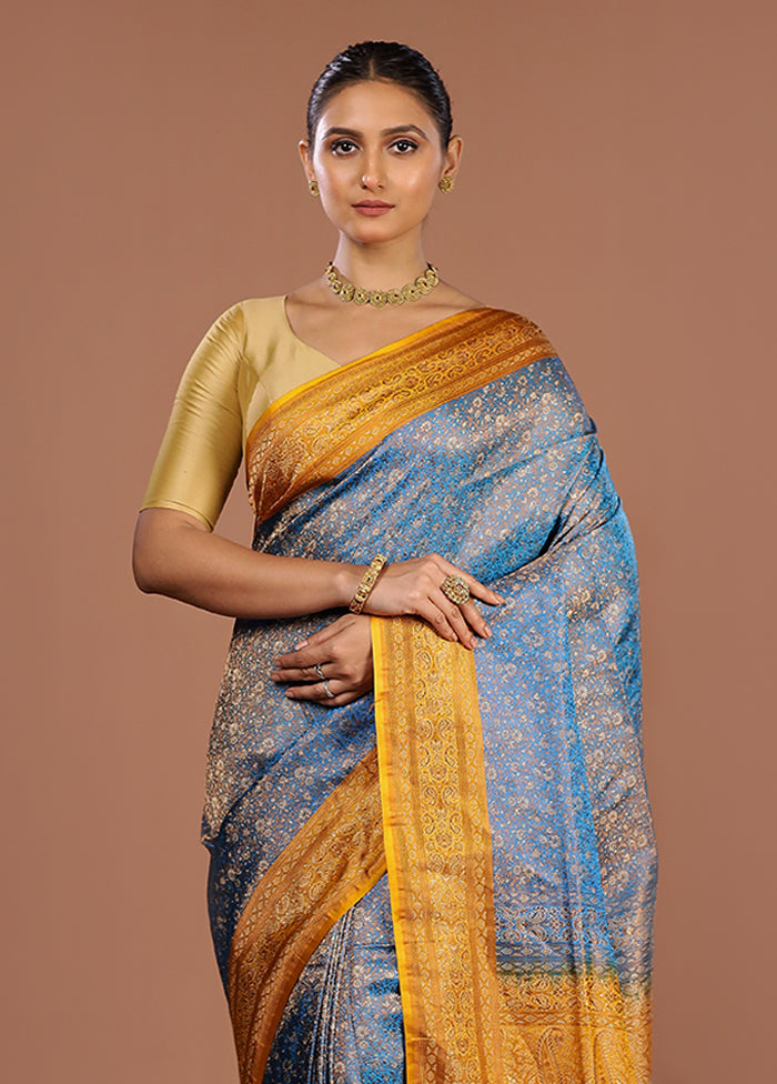 Blue Handloom Jamewar Pure Silk Saree With Blouse Piece