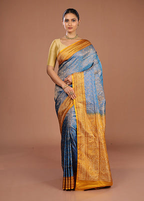 Blue Handloom Jamewar Pure Silk Saree With Blouse Piece