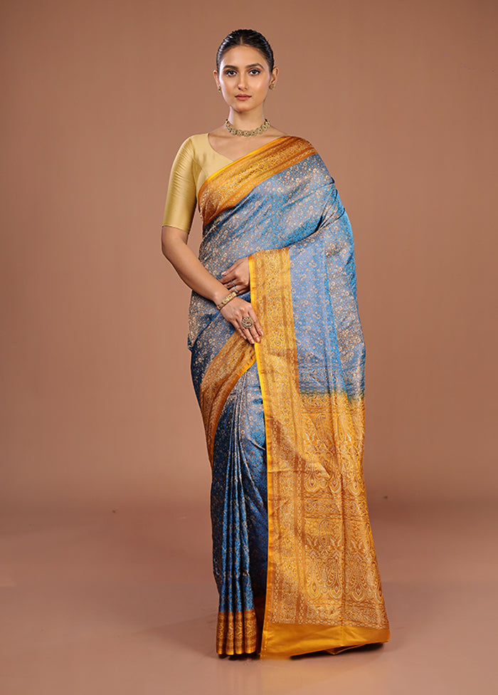 Blue Handloom Jamewar Pure Silk Saree With Blouse Piece