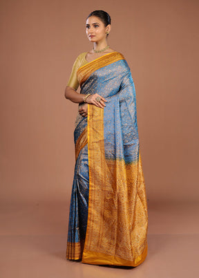 Blue Handloom Jamewar Pure Silk Saree With Blouse Piece