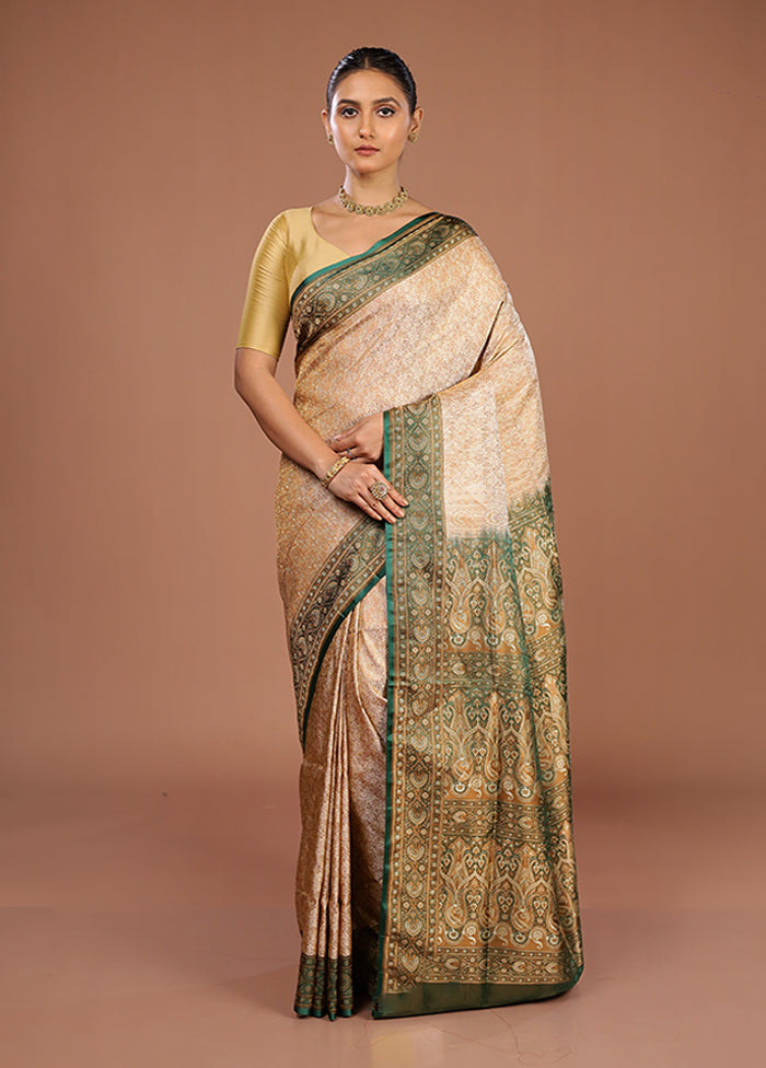 Cream Handloom Jamewar Pure Silk Saree With Blouse Piece