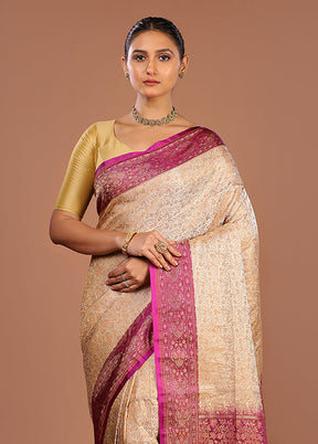 Cream Handloom Jamewar Pure Silk Saree With Blouse Piece