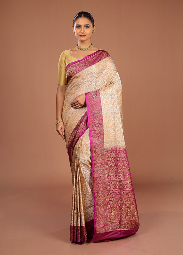 Cream Handloom Jamewar Pure Silk Saree With Blouse Piece