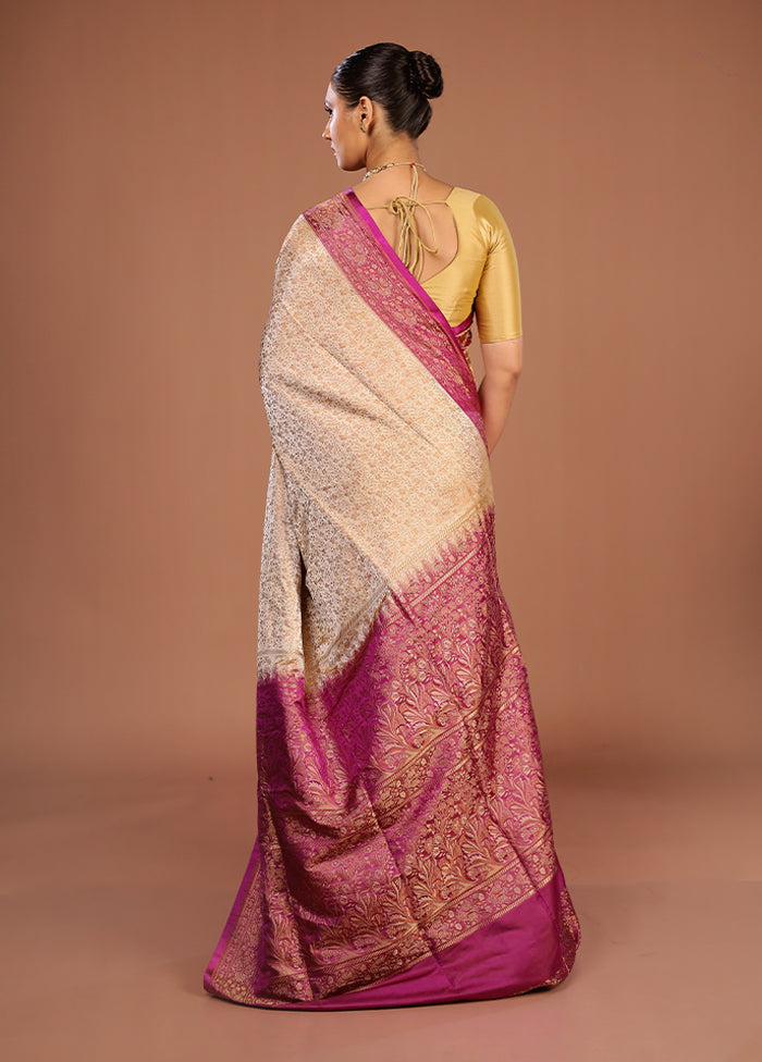 Cream Handloom Jamewar Pure Silk Saree With Blouse Piece