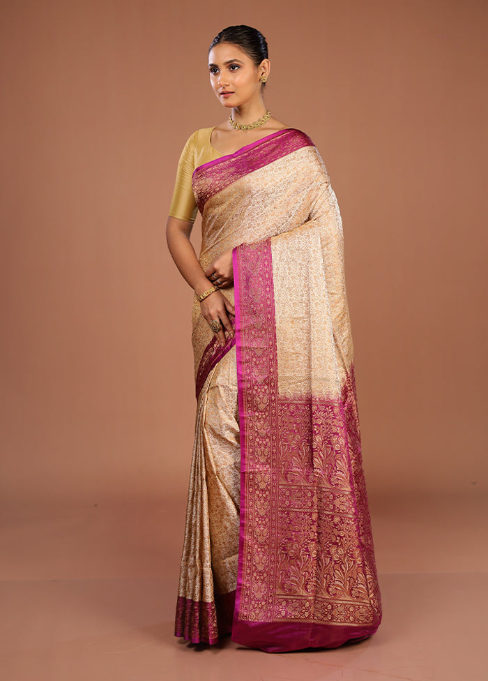 Cream Handloom Jamewar Pure Silk Saree With Blouse Piece