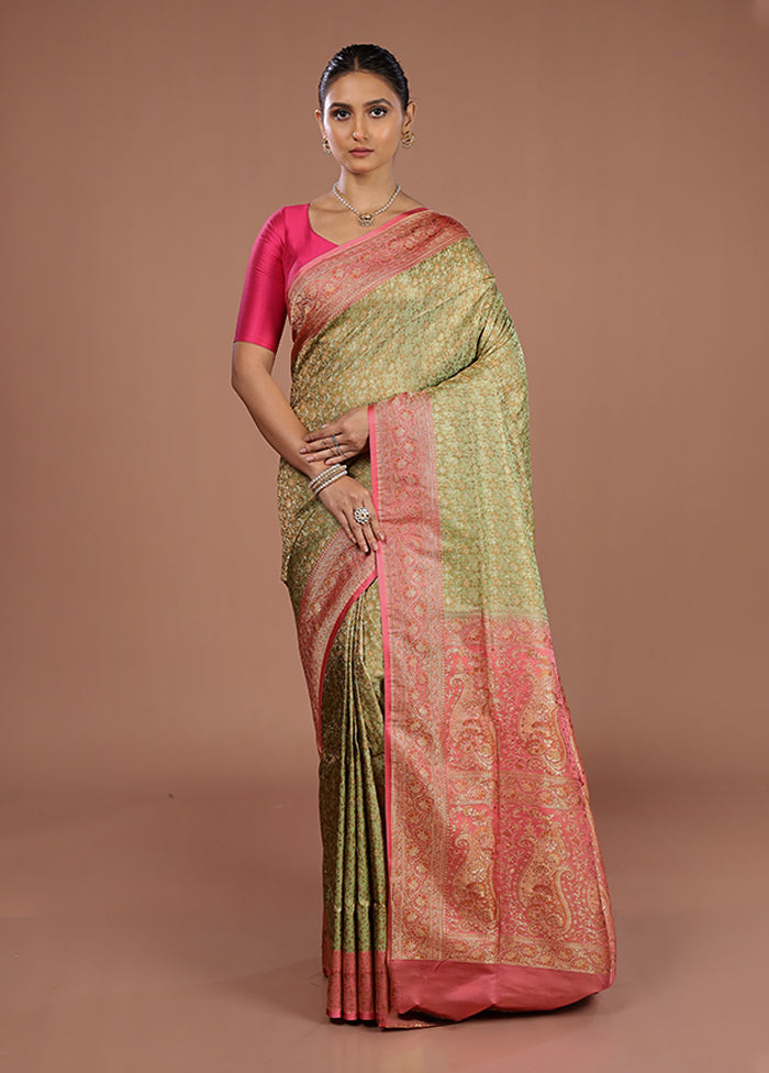 Green Handloom Jamewar Pure Silk Saree With Blouse Piece