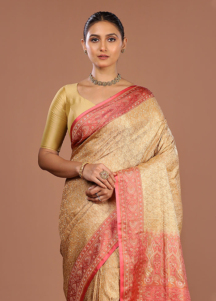 Cream Handloom Jamewar Pure Silk Saree With Blouse Piece