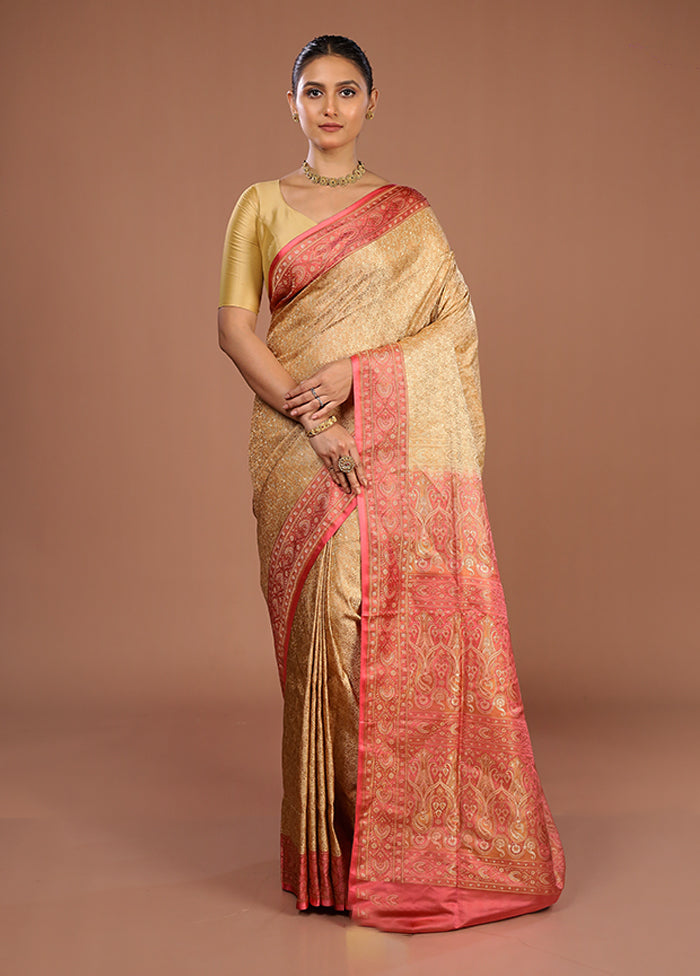Cream Handloom Jamewar Pure Silk Saree With Blouse Piece