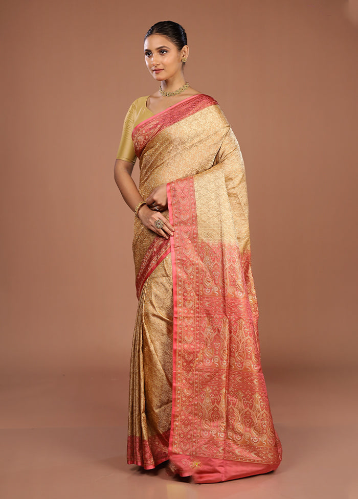 Cream Handloom Jamewar Pure Silk Saree With Blouse Piece