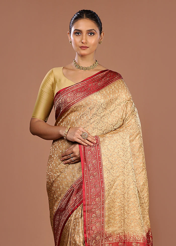 Cream Handloom Jamewar Pure Silk Saree With Blouse Piece