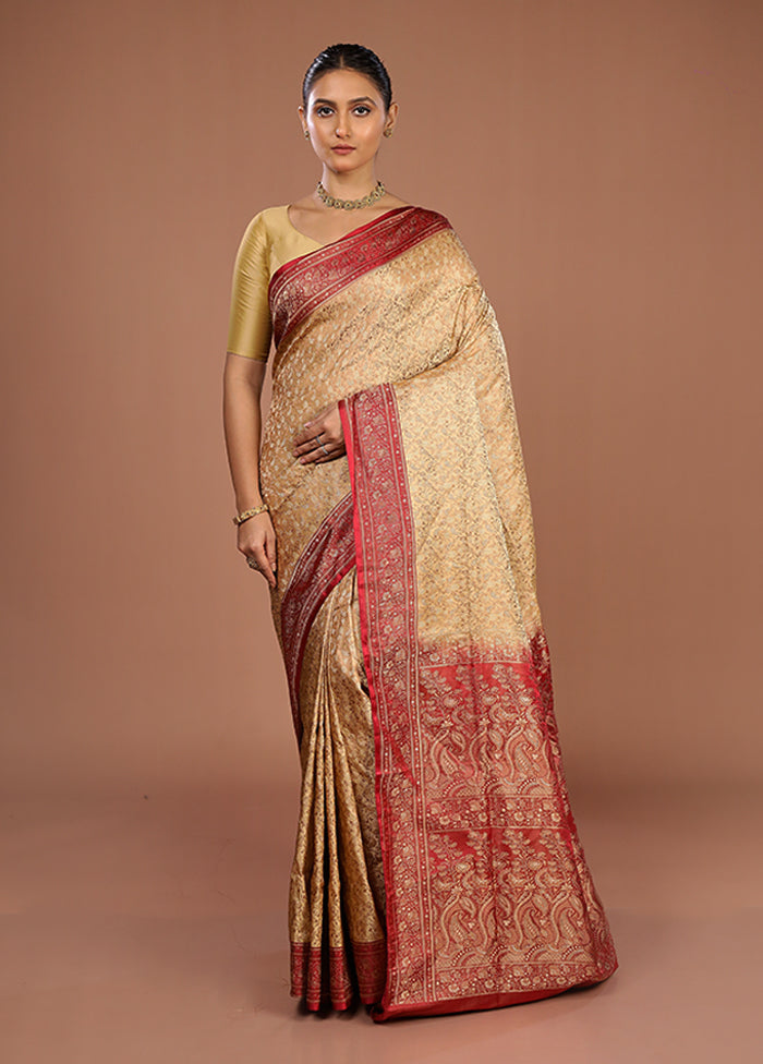 Cream Handloom Jamewar Pure Silk Saree With Blouse Piece