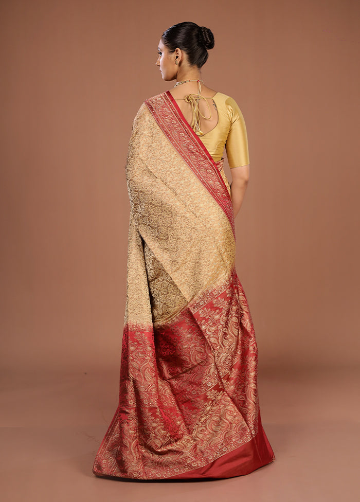 Cream Handloom Jamewar Pure Silk Saree With Blouse Piece