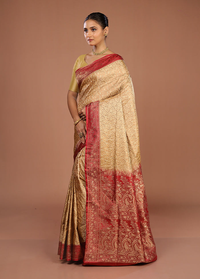 Cream Handloom Jamewar Pure Silk Saree With Blouse Piece