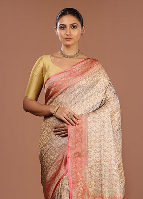 Cream Handloom Jamewar Pure Silk Saree With Blouse Piece