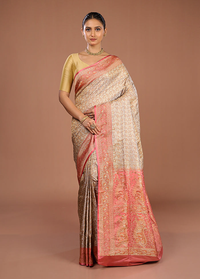 Cream Handloom Jamewar Pure Silk Saree With Blouse Piece