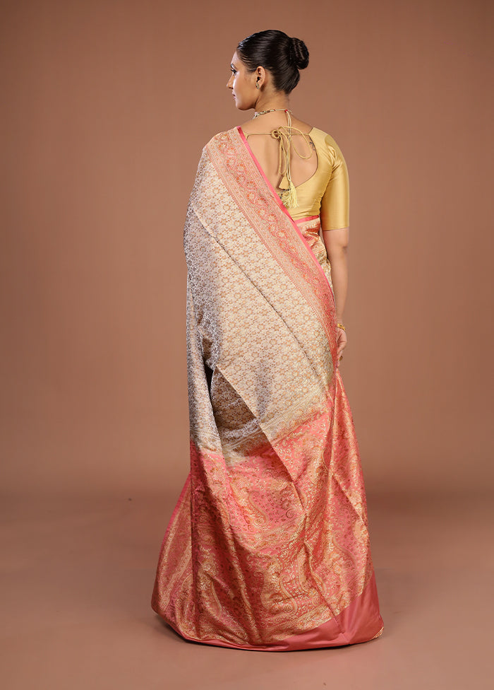 Cream Handloom Jamewar Pure Silk Saree With Blouse Piece