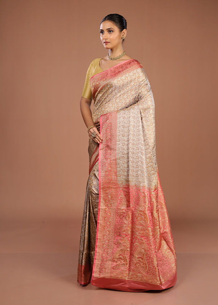 Cream Handloom Jamewar Pure Silk Saree With Blouse Piece