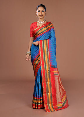 Blue Handloom Kanjivaram Pure Silk Saree With Blouse Piece