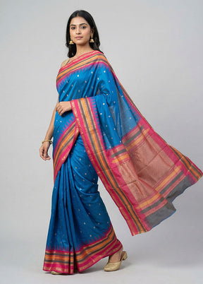 Blue Handloom Kanjivaram Silk Saree With Blouse Piece