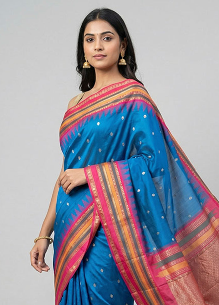 Blue Handloom Kanjivaram Silk Saree With Blouse Piece