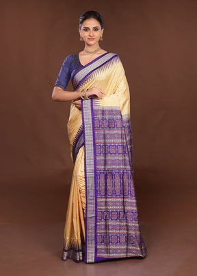 Cream Handloom Bomkai Pure Silk Saree With Blouse Piece